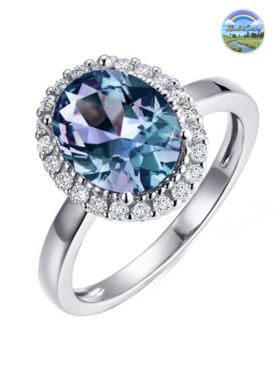 Jewelry - Sterling Silver Alexandrite Ring Oval Halo Engagement June Birthstone